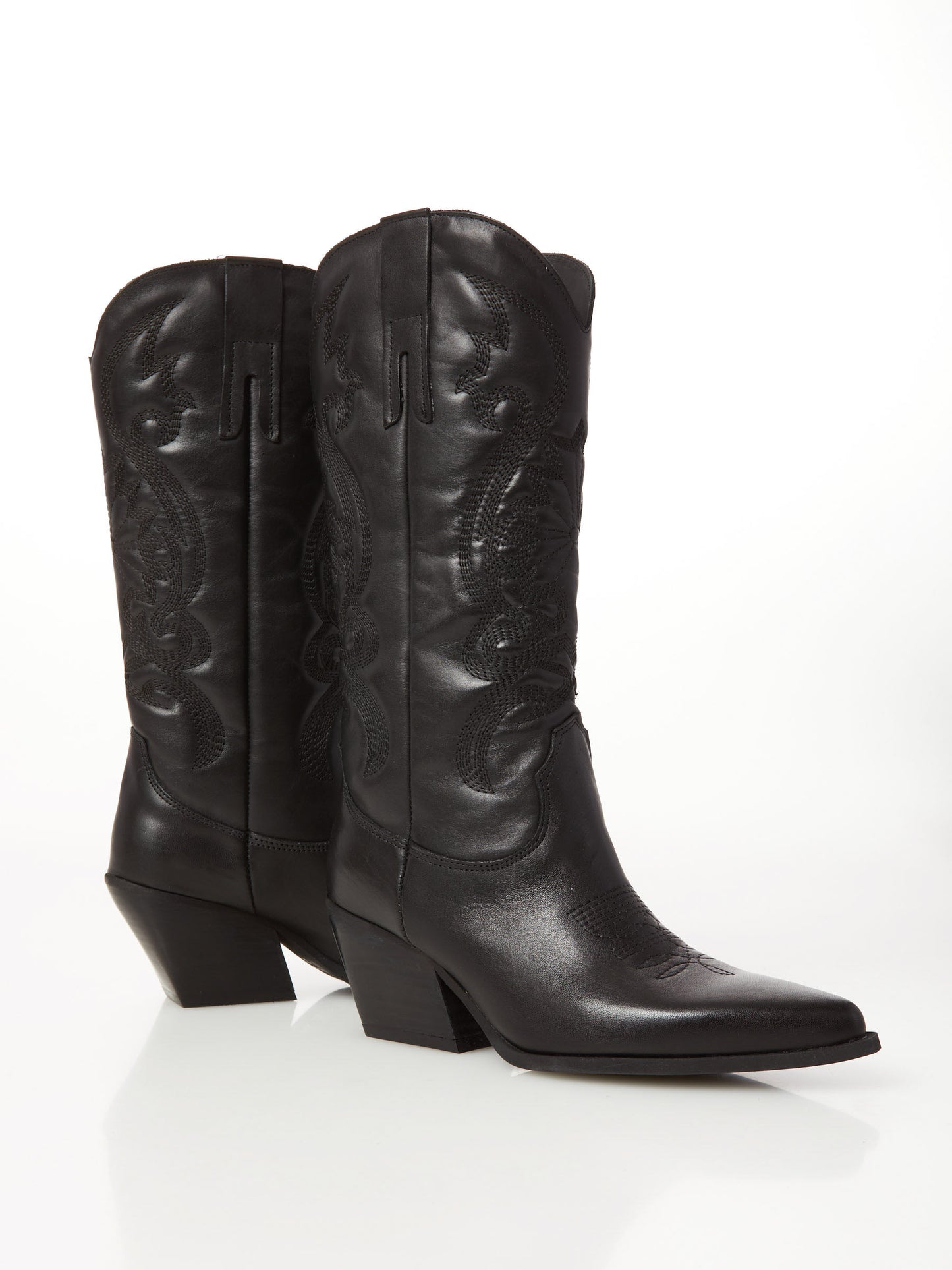 Black Leather Embroidered Cowboy Boots
