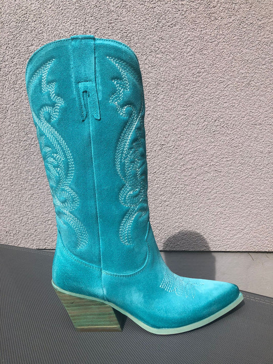 Turquoise Embroidered Suede Cowboy Boots