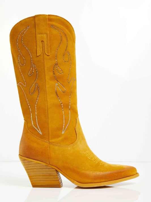 Suede Rhinestones-Embroidered Cowboy Boots